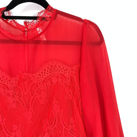 Xhilaration Women's Size Medium Sheer A-Line Dress Lace Trim Long Sleeve Red - Picture 3 of 6